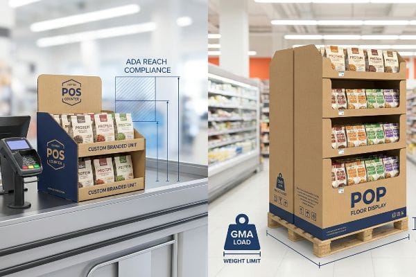 Cardboard POS counter display with ADA Reach Compliance and a POP floor display on a pallet, illustrating GMA Load Weight Limit for Protein snack pouches.