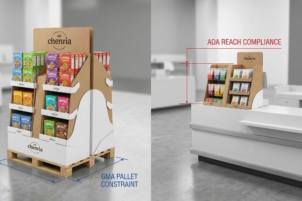 Kraft cardboard Chenria displays contrasting a large floor unit with GMA Pallet Constraint and smaller counter units with ADA Reach Compliance.