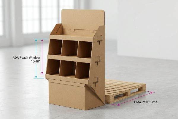 Présentoir autoportant en carton ondulé illustrant la fenêtre de portée ADA 15-48
