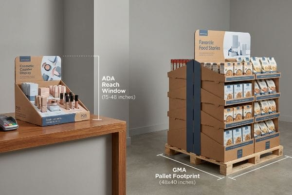 Cardboard cosmetic counter display (POS) with ADA Reach Window (15-48 inches) and a Favorite Food Stories floor display on a GMA Pallet Footprint (48x40 inches).