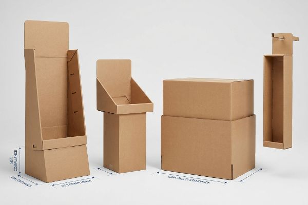 Natural brown corrugated cardboard displays, including a floor unit, countertop merchandiser, stacked GMA Pallet Standards boxes, and a sidekick, with ADA Compliance labels.