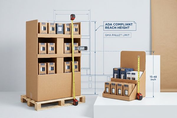 Two brown cardboard retail displays, a POP floor unit on a pallet and a POS counter display, with tape measures illustrating ADA Compliant Reach Height, GMA Pallet Limit, and 15-48 inch compliance.
