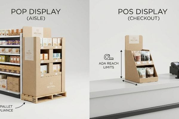 Conformité des présentoirs PLV Présentoir PLV en carton kraft sur palette conforme et présentoir de caisse avec limites de portée ADA, marque neutre.