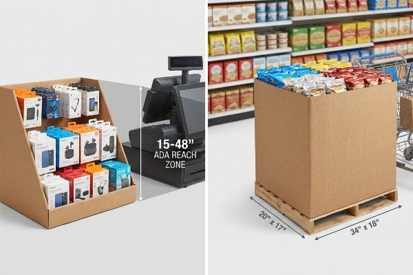 Cardboard retail displays: POS countertop electronics (15-48 inch ADA Reach Zone); POP pallet snacks (20x17, 34x18).