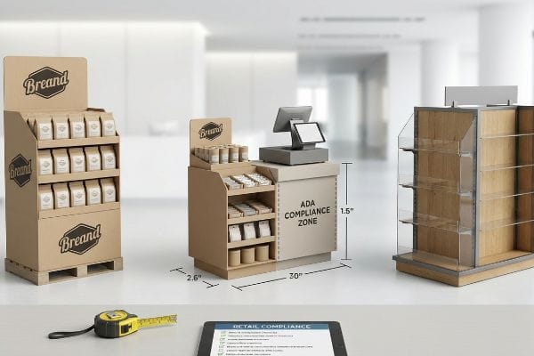 Brown cardboard Breand POP display on a pallet, a POS register unit with 