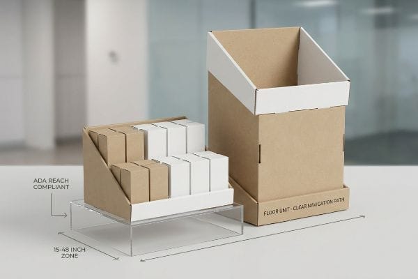 Corrugated cardboard displays: an ADA Reach Compliant counter tray in the 15-48 Inch Zone, and a Floor Unit with Clear Navigation Path.