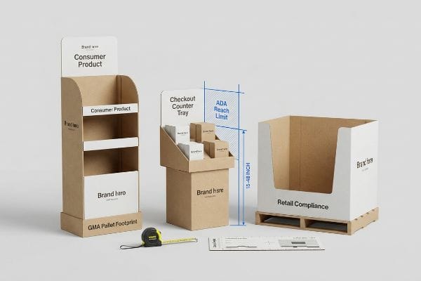 Cardboard POP displays: GMA Pallet Footprint, ADA Reach Limit 15-48 Inch checkout tray, and retail compliance pallet.