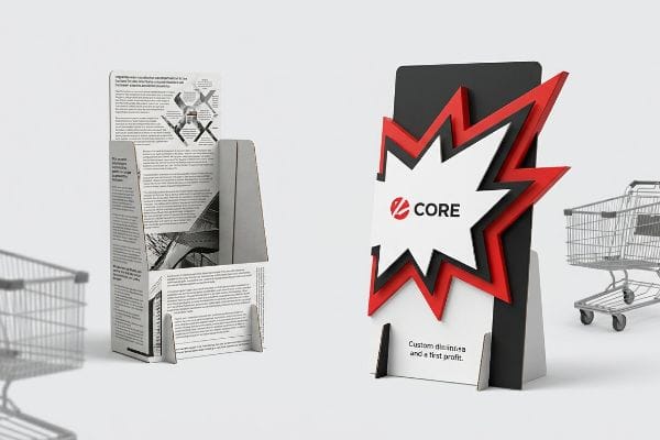 Multi-tiered literature display next to a black and red die-cut CORE logo display, preventing cognitive overload in retail.