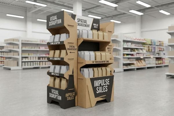 Aggressively die-cut corrugated point of purchase display in a retail aisle, promoting 