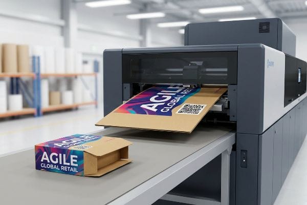Digital Packaging Printing A digital printing machine applies 'Agile Global Retail' branding and a QR code onto a brown cardboard box, showcasing packaging production.