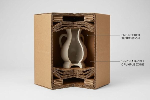 Corrugated cardboard packaging cutaway reveals a white vase suspended by Engineered Suspension and a 1-Inch Air-Cell Crumple Zone for fragile item protection.