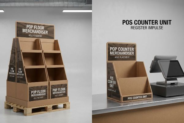 Brown corrugated Pop Floor Merchandiser on pallet, Pos Counter Unit by POS terminal. Aisle Placement, Register Impulse.