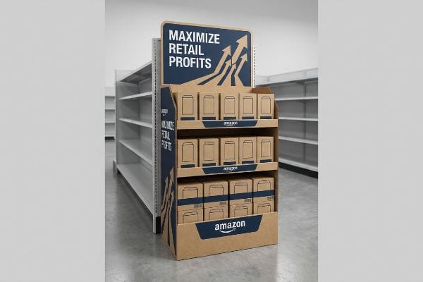A retail store features a three-tier Amazon branded corrugated cardboard display stand filled with plain brown boxes, promoting 