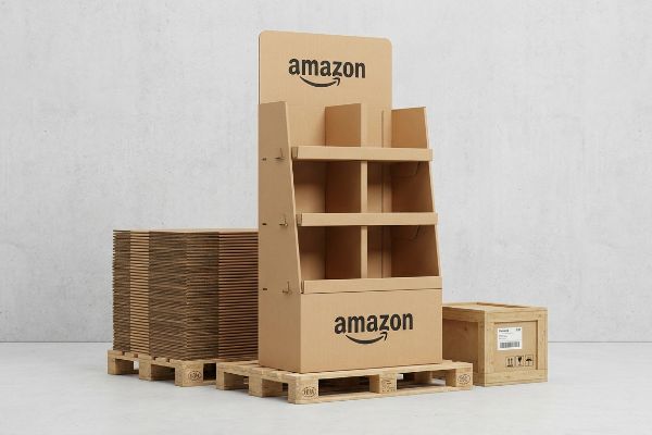 An Amazon point-of-purchase display, unassembled cardboard sheets, and a wooden crate on pallets, illustrating retail compliance and shipping logistics.