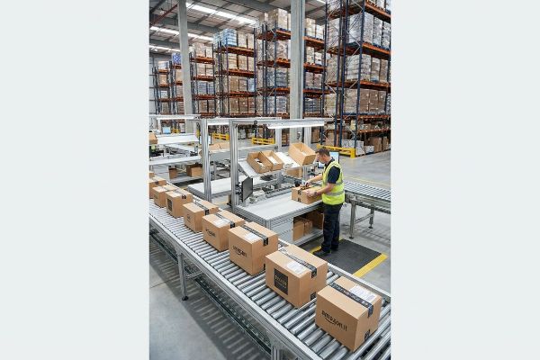A warehouse worker in a high-vis vest processes Amazon.it packages on a conveyor belt system, surrounded by tall inventory racks.