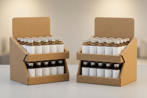 Two sturdy brown kraft cardboard counter displays showcase small amber beverage bottles with white labels and silver caps.