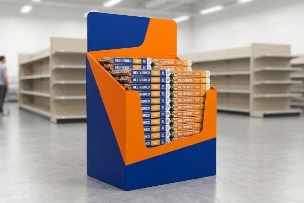 High-contrast blue and orange retail display, filled with 'Delivered' product packages, features an angled retaining lip ensuring label visibility.