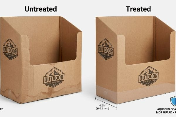 Untreated corrugated display box with moisture damage vs. treated box with aqueous coating on bottom 4.2 inches, Outdoor Sporting Goods.