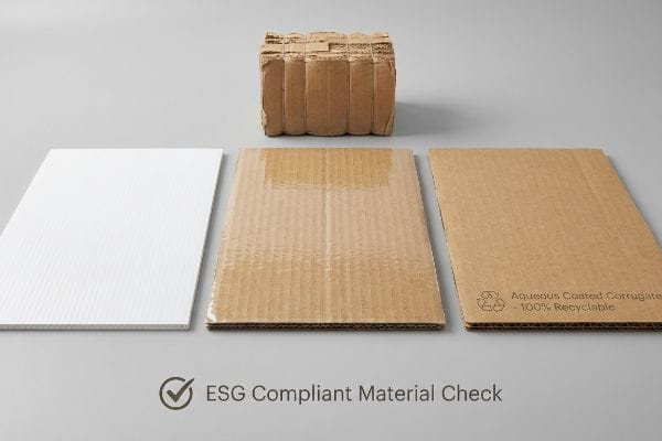 Corrugated plastic, aqueous coated corrugated, and 100% recyclable cardboard for an ESG Compliant Material Check.