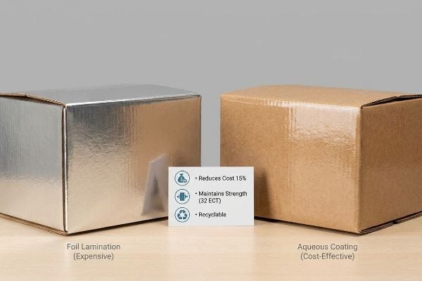 Silver Foil Lamination (Expensive) box next to a brown Aqueous Coating (Cost-Effective) box, noting 15% cost reduction, 32 ECT strength, and recyclability.