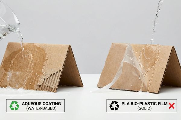 Corrugated cardboard with Aqueous Coating (Water-Based) absorbing water, contrasted with PLA Bio-Plastic Film (Solid) repelling water.