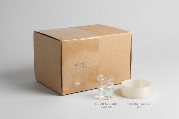 A brown corrugated box shows an Aqueous Coated section, next to a beaker of Liquid Aqueous Coating and a roll of Pla Bio-Plastic Film.