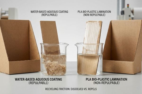 Corrugated cardboard shows Water-Based Aqueous Coating (Repulpable) dissolving and PLA Bio-Plastic Lamination (Non-Repulpable) repelling, illustrating recycling friction.