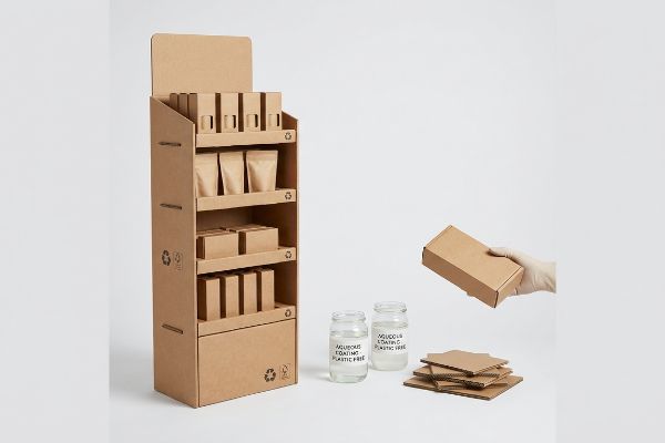 A sustainable retail display made from corrugated board, featuring various cardboard product boxes and pouches, alongside two jars labeled 