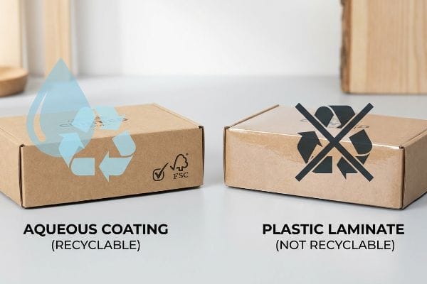 茶色の段ボール箱には、FSCロゴ付きの水性コーティング（リサイクル可能）とプラスチックラミネート（リサイクル不可）が比較表示されています。.