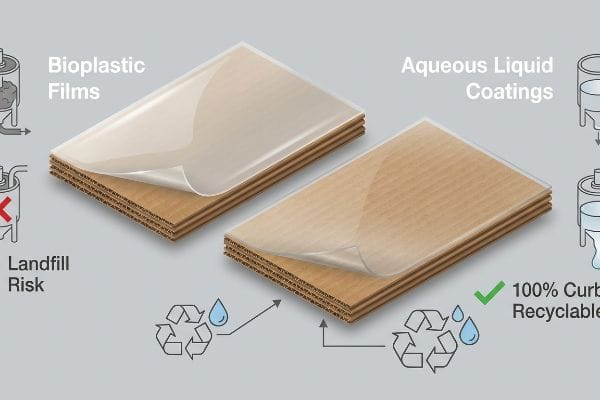 Corrugated board with Bioplastic Films (Landfill Risk) versus Aqueous Liquid Coatings (100% Curbside Recyclable).