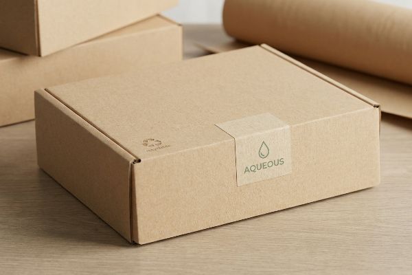 A brown corrugated cardboard box displays an 'Aqueous' coating label with a water drop icon and a recyclable symbol, emphasizing eco-friendly packaging.