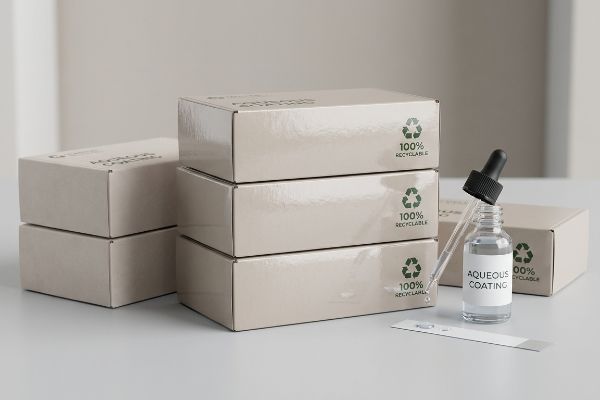 A clean setup displays glossy, 100% Recyclable cardboard boxes and a bottle of Aqueous Coating with a dropper, highlighting eco-friendly packaging.