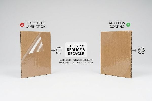 Corrugated cardboard: Bio-Plastic Lamination (X) to trash, Aqueous Coating (✓) to recycling. Mono-material sustainable packaging.