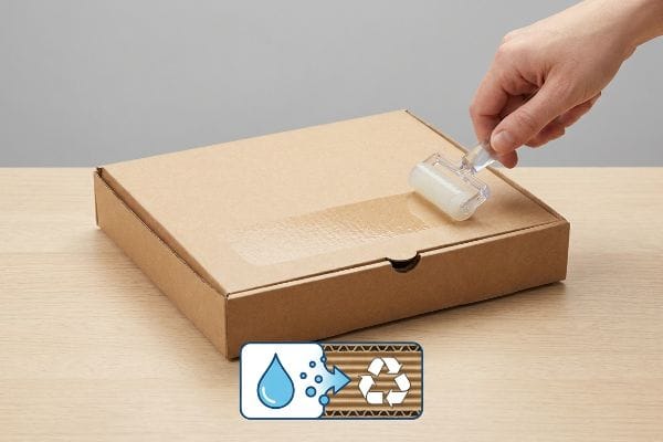 Eine Hand trägt mit einer Walze eine klare, wässrige Beschichtung auf einen braunen Wellpappkarton auf; eine Grafik zeigt, wie sich Wasser in recycelbarer Pappe auflöst.