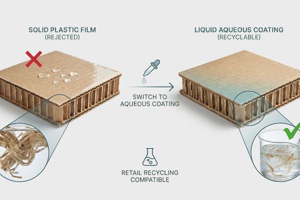 Cardboard with Solid Plastic Film (rejected) repels water; Liquid Aqueous Coating (recyclable) dissolves for retail recycling.
