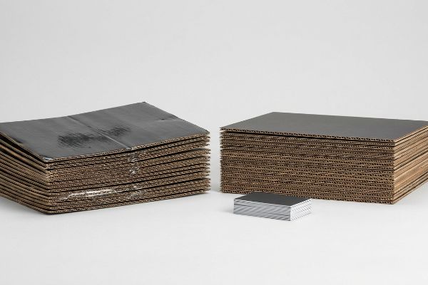 Dark-coated corrugated boards, one stack showing slight warping, another perfectly flat, alongside a small stack of soft-touch business cards.