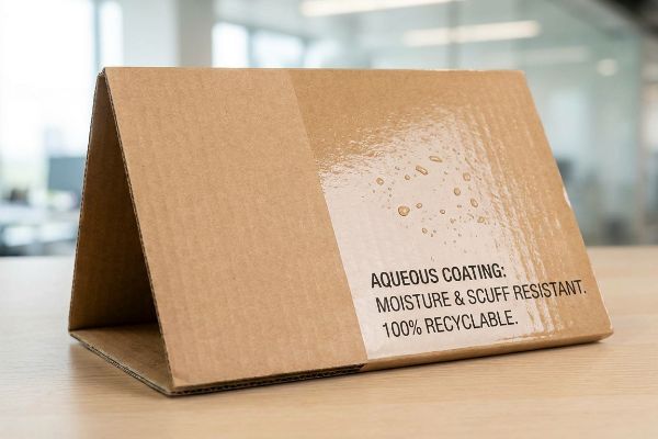 Water droplets bead on an Aqueous Coating, Moisture & Scuff Resistant, 100% Recyclable corrugated cardboard display.