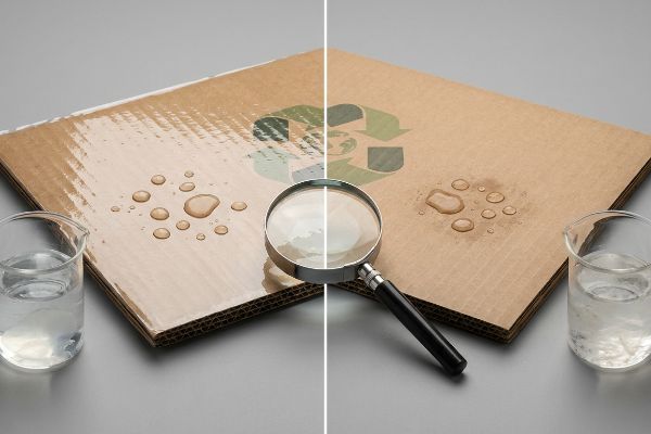 Water-resistant corrugated cardboard with beaded droplets next to absorbent uncoated board, illustrating aqueous coating for repulpability.