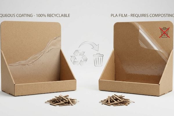 Brown corrugated displays: Aqueous Coating - 100% Recyclable with water effect, contrasted with PLA Film - Requires Composting, showing recycling vs. landfill.