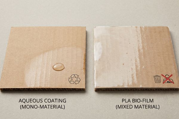 Two corrugated cardboard pieces, one with an Aqueous Coating (Mono-Material) showing a water droplet and recycling symbol, the other with PLA Bio-Film (Mixed Material) showing a non-recyclable trash symbol.
