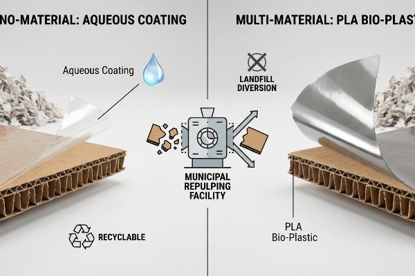 Corrugated packaging comparison: Mono-Material Aqueous Coating is Recyclable via Municipal Repulping, while Multi-Material PLA Bio-Plastic causes Landfill Diversion.
