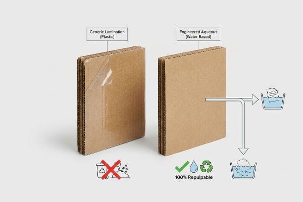 Zwei Wellpapptafeln vergleichen generische Laminierung (Kunststoff) mit technischer wässriger Laminierung (wasserbasiert) und heben dabei die Vorteile einer zu 100 % wiederaufbereitbaren, wasserbasierten Soft-Touch-Folie gegenüber einer nicht recycelbaren Kunststofffolie hervor.