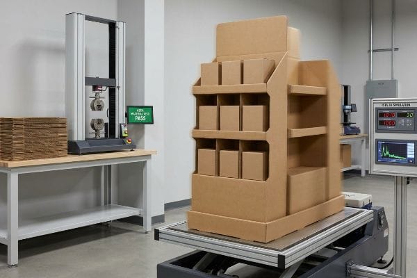 Corrugated retail display on an ISTA vibration table, with ASTM Material Test Pass and ISTA Simulation screens.