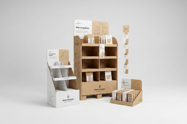 Kraft and white cardboard retail displays: a Merchandiser floor unit, countertop display, clip strip, and shelf-ready tray, showcasing small packaged goods.