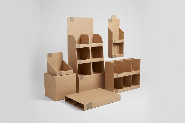 Natural brown kraft paper cardboard display units, including floor stands, countertop trays, and shelf merchandisers, on a white background.