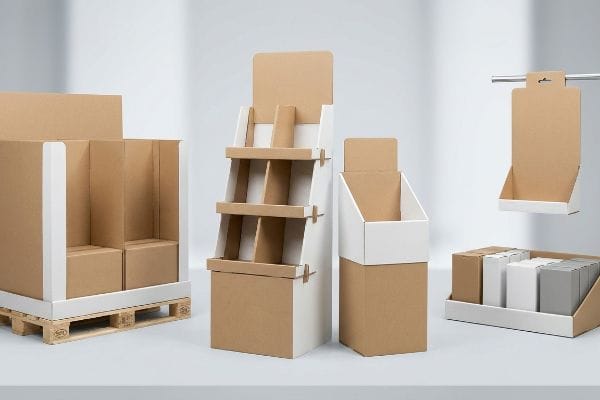 Retail display structures: a pallet display, multi-tiered floor display, countertop box, and hanging unit, all brown and white cardboard.