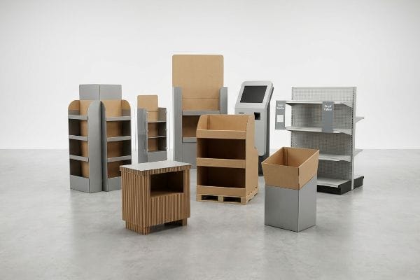 Diverse Retail POP Displays A variety of point-of-purchase retail displays, including cardboard floor stands, dump bins, an interactive kiosk, and metal shelving.