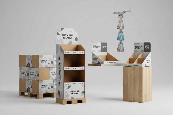 Cardboard retail displays: a floor merchandiser, countertop units, pallet boxes, and a hanging clip strip, all with 