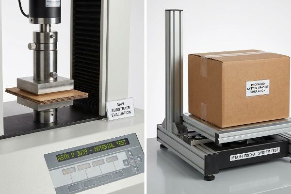 Corrugated board undergoing Astm D 3039 Material Test (Raw Substrate Evaluation); a packaged box on Ista 6-Fedex-A System Test (Packaged System Transit Simulation).