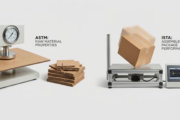 ASTM Raw Material Properties on corrugated board with gauge. ISTA Assembled Package Performance on brown box.